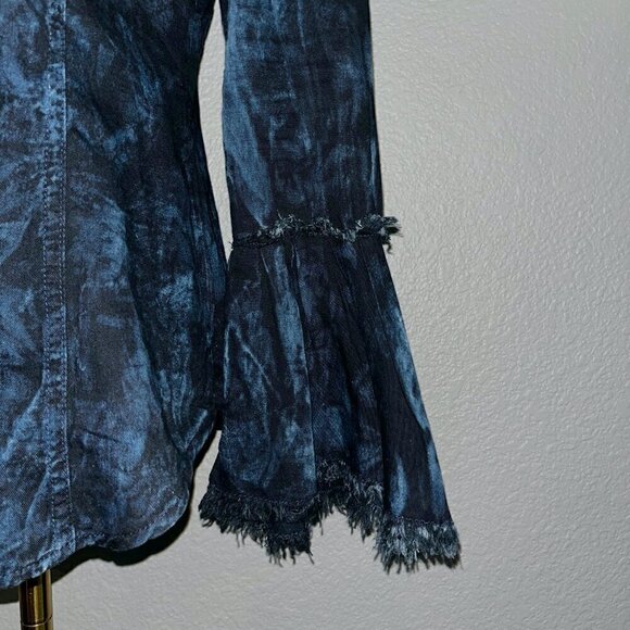 SCULLY Western Tie Die Black & Blue Ruffle Sleeves Frayed Edges Shirt Blouse Top - Picture 5 of 9